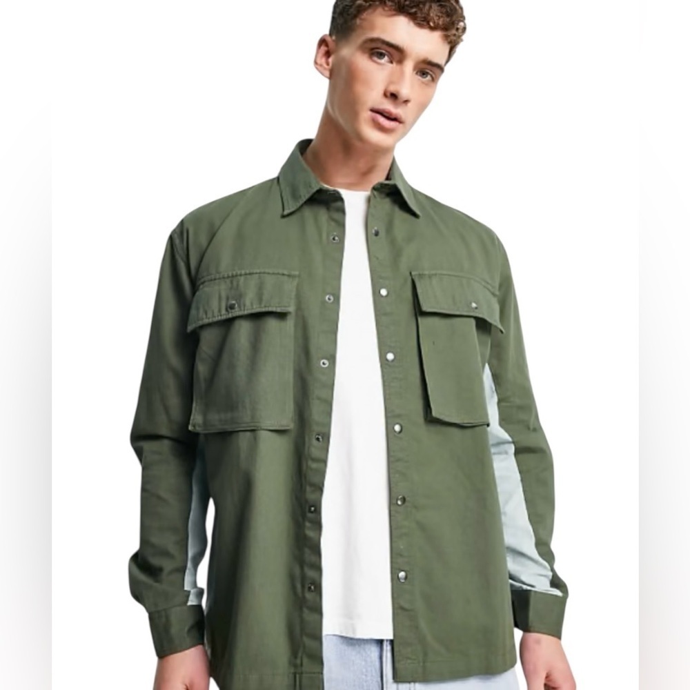 Topman Men’s Twill Colorblock Snap Front Forest Green Blue Pocketed Top Sz L-XL